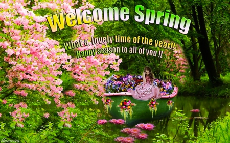 ~Welcome Srping~ - springtime blossoms, springtime, pink, welcome spring, little girl on boat, natural, spring flowers, spring season, boat with flowers, green lake, green, bloom in spring, hello spring