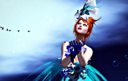 Fantasy girl - woman, redhead, girl, hat, gloves, bubbles, fantasy, bird, blue, dress