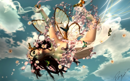 Flying fairy - woman, sky, girl, wings, creative, fantasy, spring, butterfly, cloud, pink, blue, fairy, flower, fly