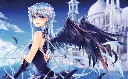 Heaven's Cathedral - pretty, anime, female, wing, scene, dress, angel, long hair, feeather, blue hair, ribbon, nice, castle, house, gown, anime girl, beautiful, girl, palace, beauty, lovely, sweet, wings