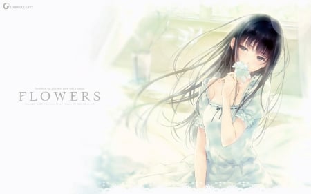 Flowers - pretty, anime, female, blossom, dress, long hair, plain, hd, nice, anime girl, beautiful, girl, simple, sundress, beauty, lovely, sweet, flower, white, black hair, floral