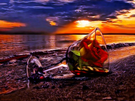 ♡..ι'm still here..♡ - roses, glass with rose, beach, glass with, sea, romantic sunset, sunsets, glass