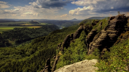 view of a distant river gorge - gorge, forest, river, clouds, cliffs