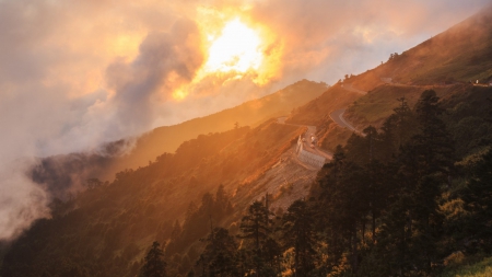 winding mountain road under morning fog - fog, road, sunrise, winding, mountain