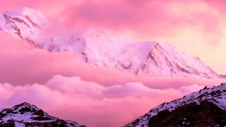 the mighty mont blanc in pink - white, purple, mountain, pink, clouds, snow, mountains, mont