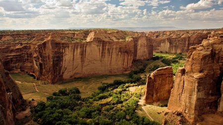 marvelous canyon cliffs - clouds, trails, bushes, cloffs, canyon