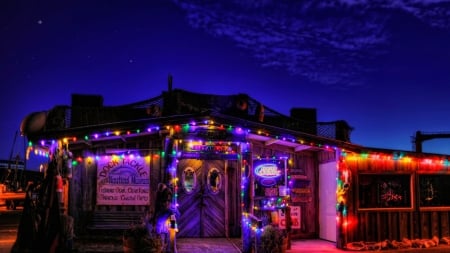 seafood restaurant in oregon on a holiday night hdr - christmas, lights, hdr, night, seafood, restaurant