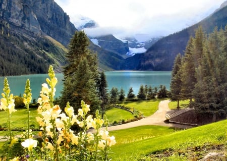 Lake Louize, Canada - landscape, grass, walk, mountain, flowers, shore, view, Canada, mist, lake, sky, beautiful, Louize, lovely, rest, wildflowers, nature