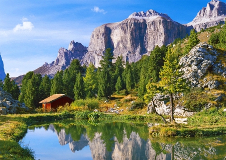 Landscape with dolomites - cottage, lake, sky, landscape, mountain, trees, dolomites, shore, rocks, nature, grteenery, reflection, beautiful, house, cliffs