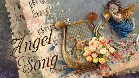 Angel Song - collage, angel, grunge, flowers, score, music, grapes, harp, horn, victorian