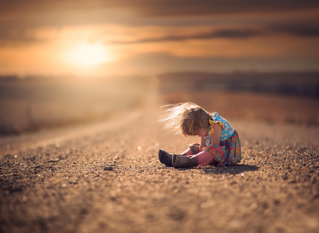 â™¥ - child, pretty, road, beautiful, sweet, sun, girl, sky, sunset, nature