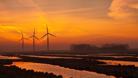 turbine windmills in wetlands at sunset - windmills, turbines, wetland, sunset, cluds