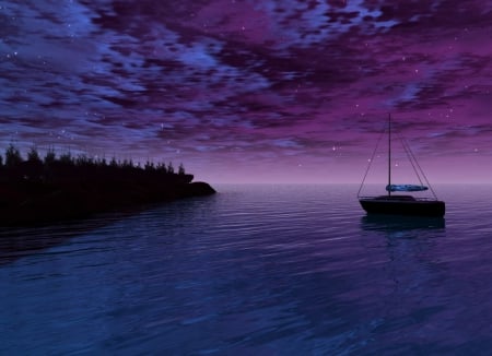 STILLNESS IN THE NIGHT - sky, ocean, stars, clouds, night, boat