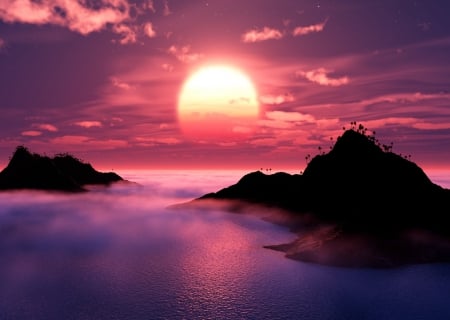 PINK SUNRISE - PINK, CLOUDS, SKY, MIST, OCEAN, SUNRISE