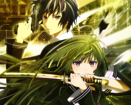 Black Bullet - gun, love, fight, couple, anime, long hair, romance