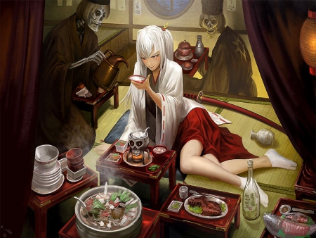 Shinigami - miko, girl, long hair, shinigami, food, orginal, fantasy