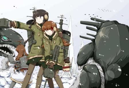 Winter Assault Squad - squad, kantai collect, winter, beauty, wall, assault, anime, girl, warriors, bg, new, colours