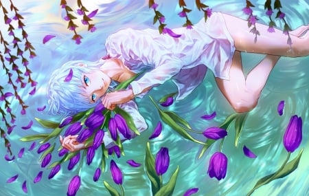 Will You Join Me? - flowers, short hair, shirt, anime, water, blue hair, blue eyes