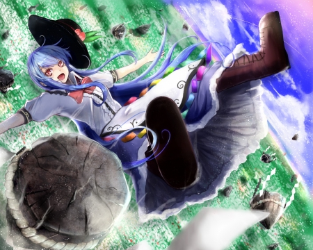 Hinanawi Tenshi - hat, long hair, colorful, boots, blue hair, touhou, bow, clouds, anime, hinanawi tenshi, pink eyes, dress