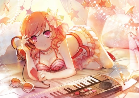 ~Nishikino Maki~ - bra, piano, anime, skirt, flower, pink eyes, short hair, instrument, necklace, headphones, bed, love live school idol project, nishikino maki, orange hair, sunglasses