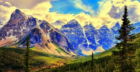 Banff National Park - sky, british columbia, mountains, white, forest, snow, beautiful, clouds, green, canada, hdr