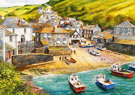 Port Isaac - calm, hills, beach, beautiful, mountain, village, boats, countryside, shore, view, painting, serenity, port, houses, art