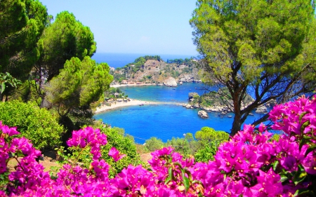 Taormina-Sicilia - rovks, italy, trees, sicilia, colorful, place, lovely, bay, view, pretty, romantic, beautiful, flowers, sea