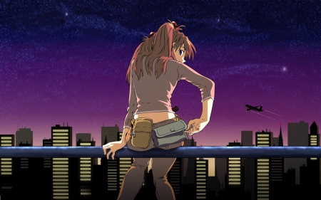 Night Sky - pretty, star, anime, female, scenery, neon, asuka, scene, night, aeroplane, dark, plane, hd, neon genesis evangelion, nice, sky, house, anime girl, beautiful, girl, beauty, lovely, sweet, evangelion, genesis, eva, building