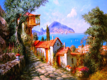 beautiful summer heavenly place - heavenly, water, summer, mountains, path, nature, painting, art, house, flowers, sea