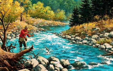 Fishing in autumn river - fishing, stream, mountain, sunrays, sport, art, person, fishes, river, forestside, nature, autumn, painting, jungle, fish, rocks, wild