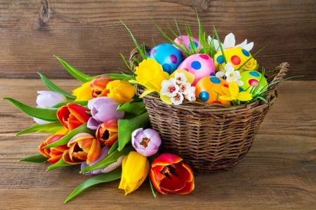 Happy Easter - eggs, easter, tulips, flowers