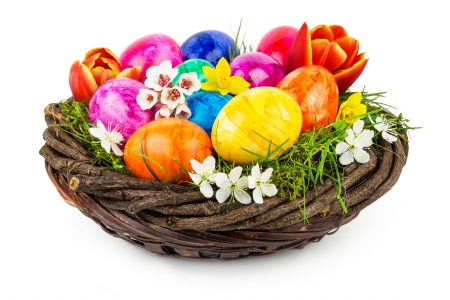 Easter - eggs, easter, basket, flowers