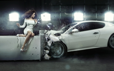 Dangerous beauty - white, creative, crash, photomanipulation, car, model, girl, woman