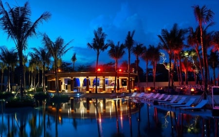 Beach Resort - house, palms, lights, evening, basin, reflection