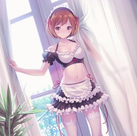 Maid - beauty, nice, female, hot, emotional, anime girl, curtain, window, pretty, anime, cute, short hair, sexy, girl, sad, lovely, sorrow, beautiful, sweet, maid