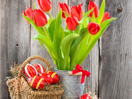 tulips and easter eggs - eggs, red, tulips, leaves, easter