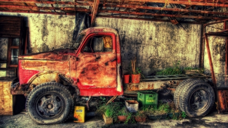 an old russian truck hdr - red, old, plants, truck, hdr