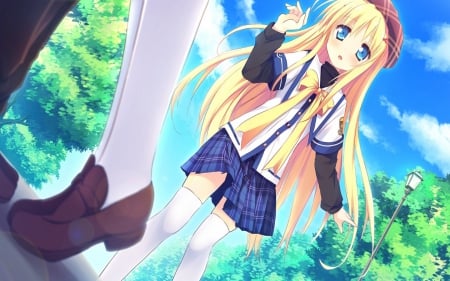 Cupid with Beauty Takakura Anzu - beauty, bg, girl, blue eyes, park, highschool lady, blond hair, colours, cupid, takaura anzu, wall, anime, clover days, new