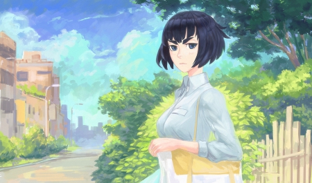 Kiryuin Satsuki - short hair, kiryuin satsuki, trees, anime, black hair, kill la kill, buildings, blue eyes