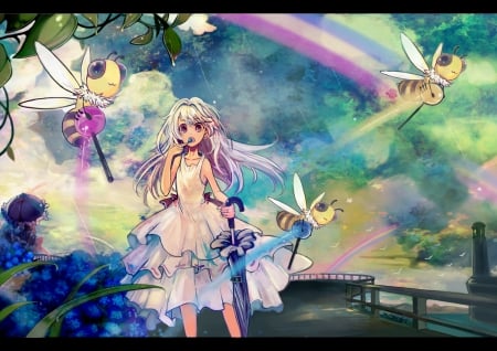 ~Magical Paradise~ - sky, girl, magical, wings, colorful, long hair, umbrella, bees, anime, rainbows, dress