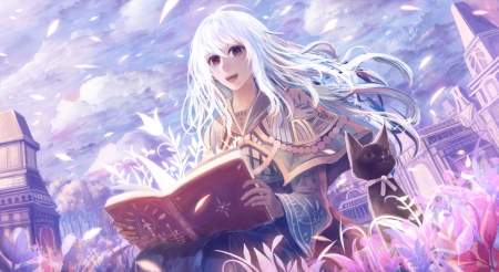 ~Wild Imagination~ - sky, cat, brown eyes, girl, bou nin, long hair, book, petals, clouds, anime, grass, white hair