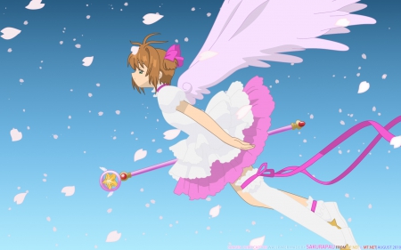 Raining Petals - anime, dress, flying, brown hair, petals, wings, card captor sakura, kinomoto sakura, ribbons