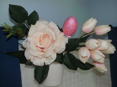 Happy Easter - fake, photography, tulips, easter, rose, country, home decoration, pretty, vintage, holiday, flowers, shellandshilo, desktop nexus