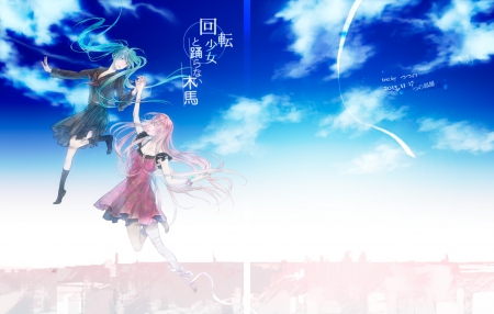 ~Fly With Me~ - hatsune miku, skirt, sky, bandage, long hair, pink hair, socks, flying, blue hair, vocaloid, megurine luka, anime, friends, dress