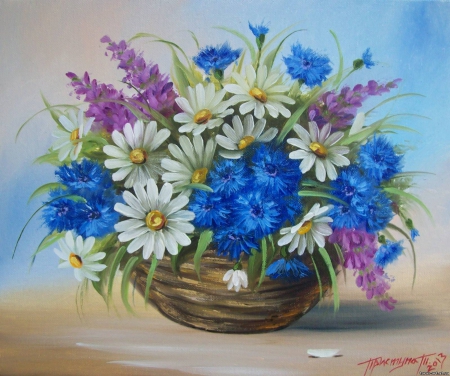 Painting - painting, abstract, basket, flowers