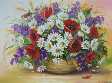 Painting - flowers, basket, painting, abstract