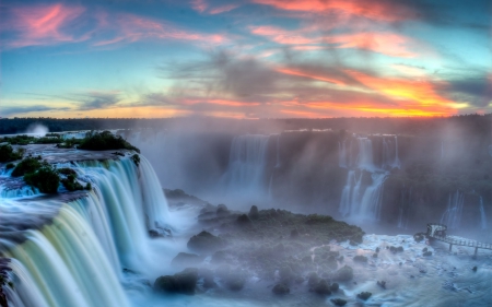 Sunset Over Iguazu Waterfalls - sky, waterfalls, sunset, clouds