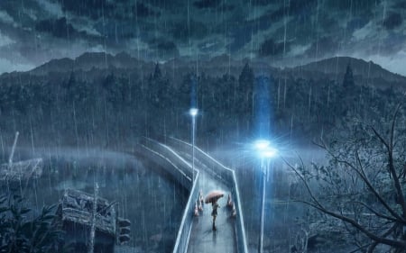 Bridge in the rain. - bridge, girl, umbrella, rain