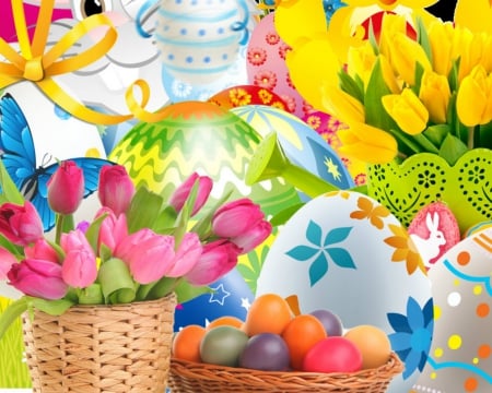 Easter time - easter, cartoon, eggs, tulips