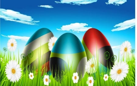 Easter Eggs - eggs, easter, sky, flowers